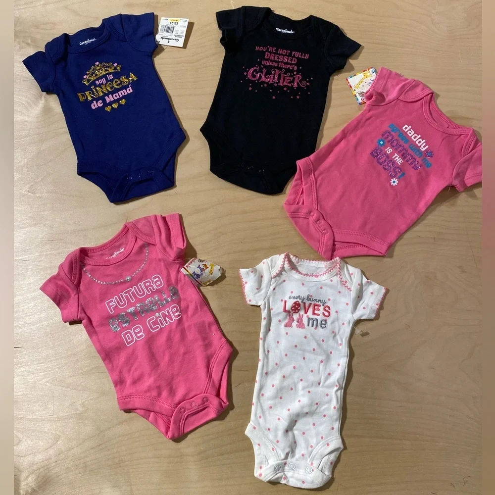 5 Garanimals Baby Bodysuits - Navy, Black, Pink, White Newborn (OQ)